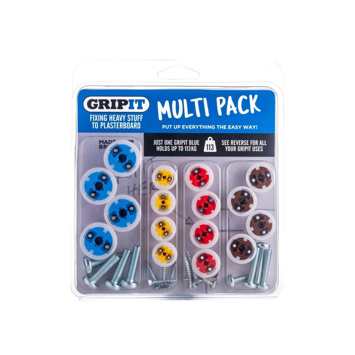 Gripit Plasterboard Fixings Multi Pack,16 Piece, Clam Pack A - Multi Colour