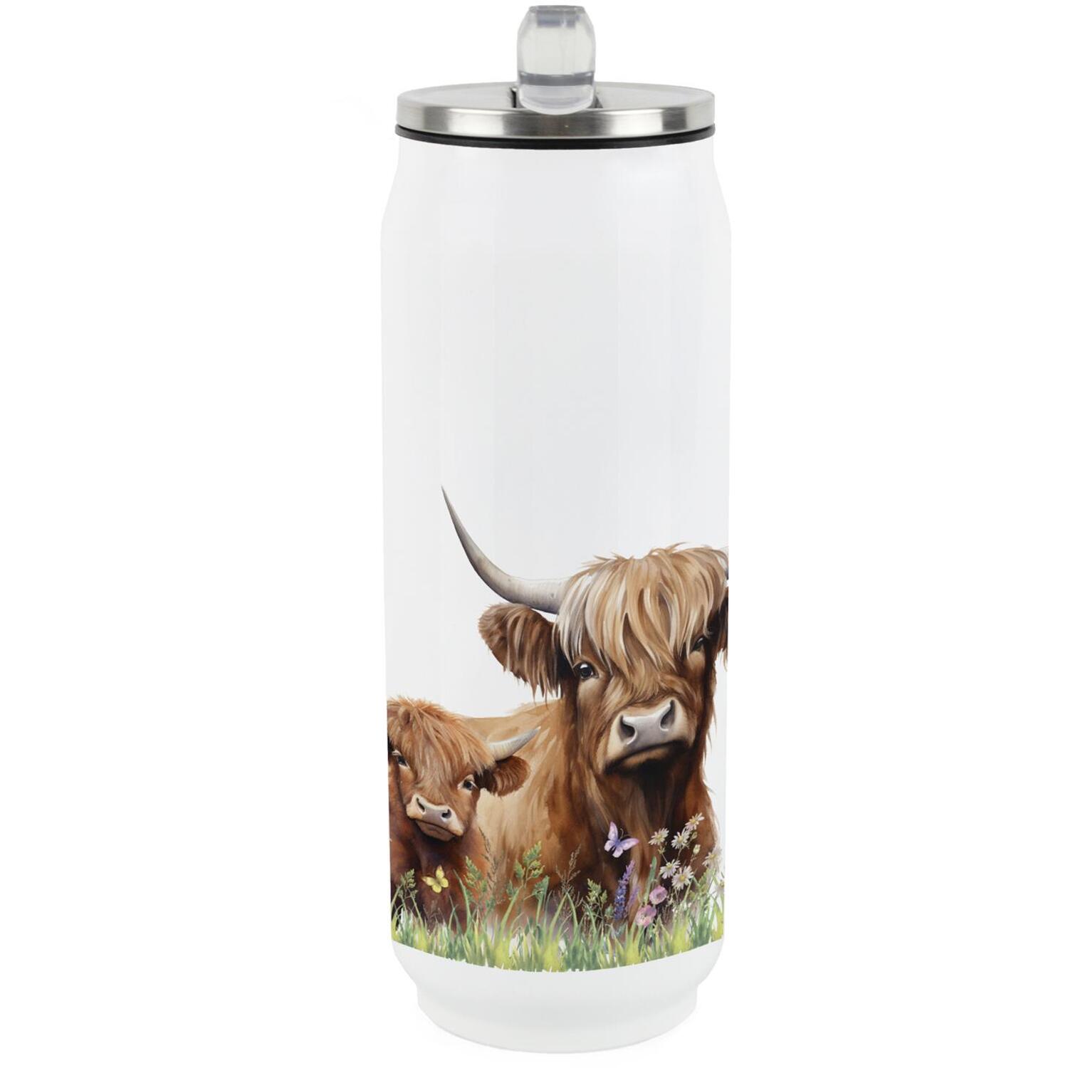 Purely Home Highland Cow & Calf Large Drinking Can Flask With Straw - Multi