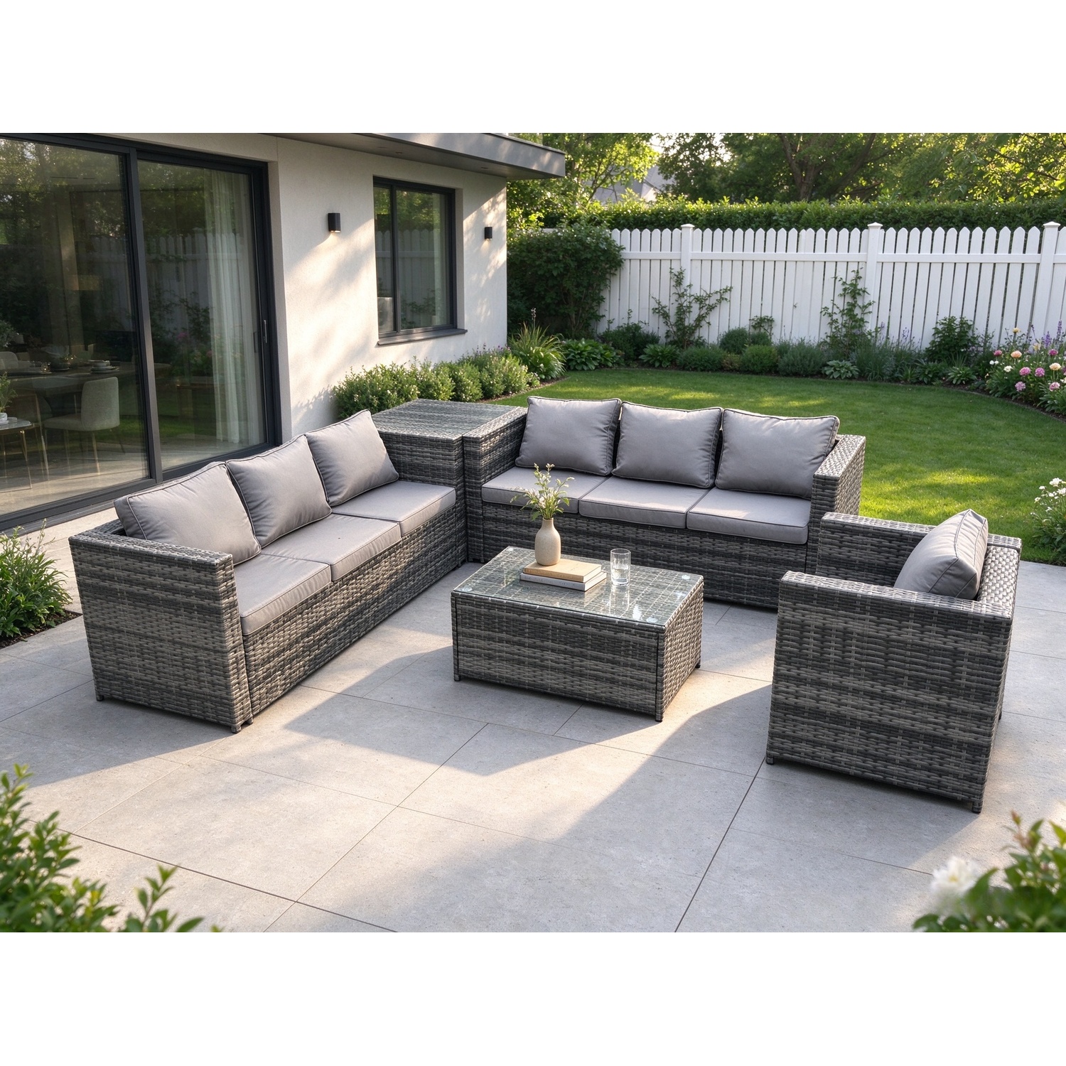 Rackhams Dark/Grey Wicker Pe Rattan Sofa Set Outdoor Patio Garden Furniture With Armchair Side Table Oblong Coffee Table Mixed - Image 2