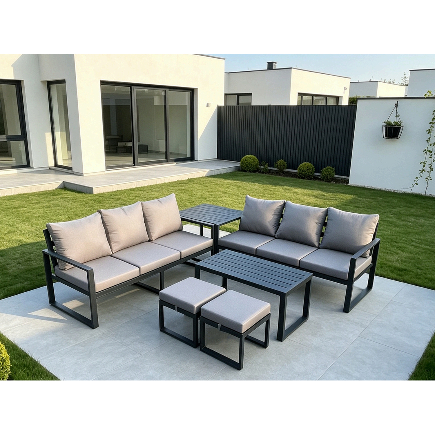 B&Q - Aluminium Patio Outdoor Garden Furniture Lounge Sofa Set With Oblong Coffee Table Small Footstools Side Table Dark Grey - Image 2