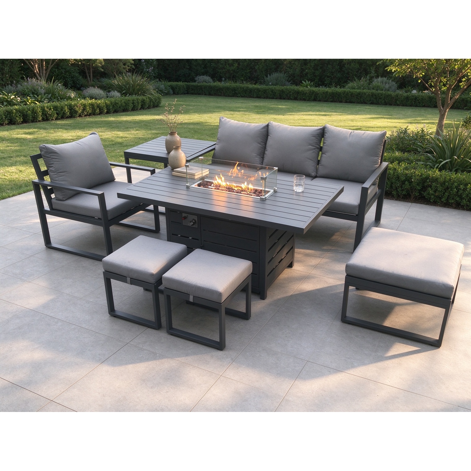 Fimous Aluminium 7 Pieces Garden Furniture Sofa Set With Cushions Gas Fire Pit Dining Table Set With 3 Footstools Dark Grey - Image 3