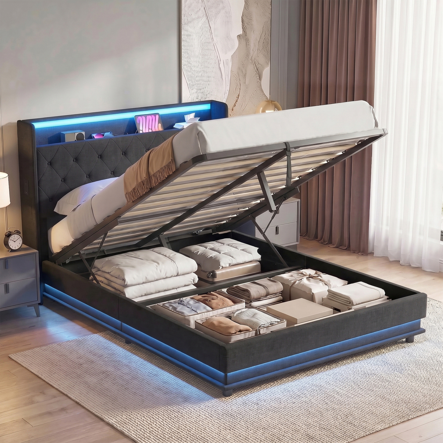 Rackhams Black Lift Up Storage Bed Frame With Rgb Led Lights, 135 X 190Cm, - Image 2