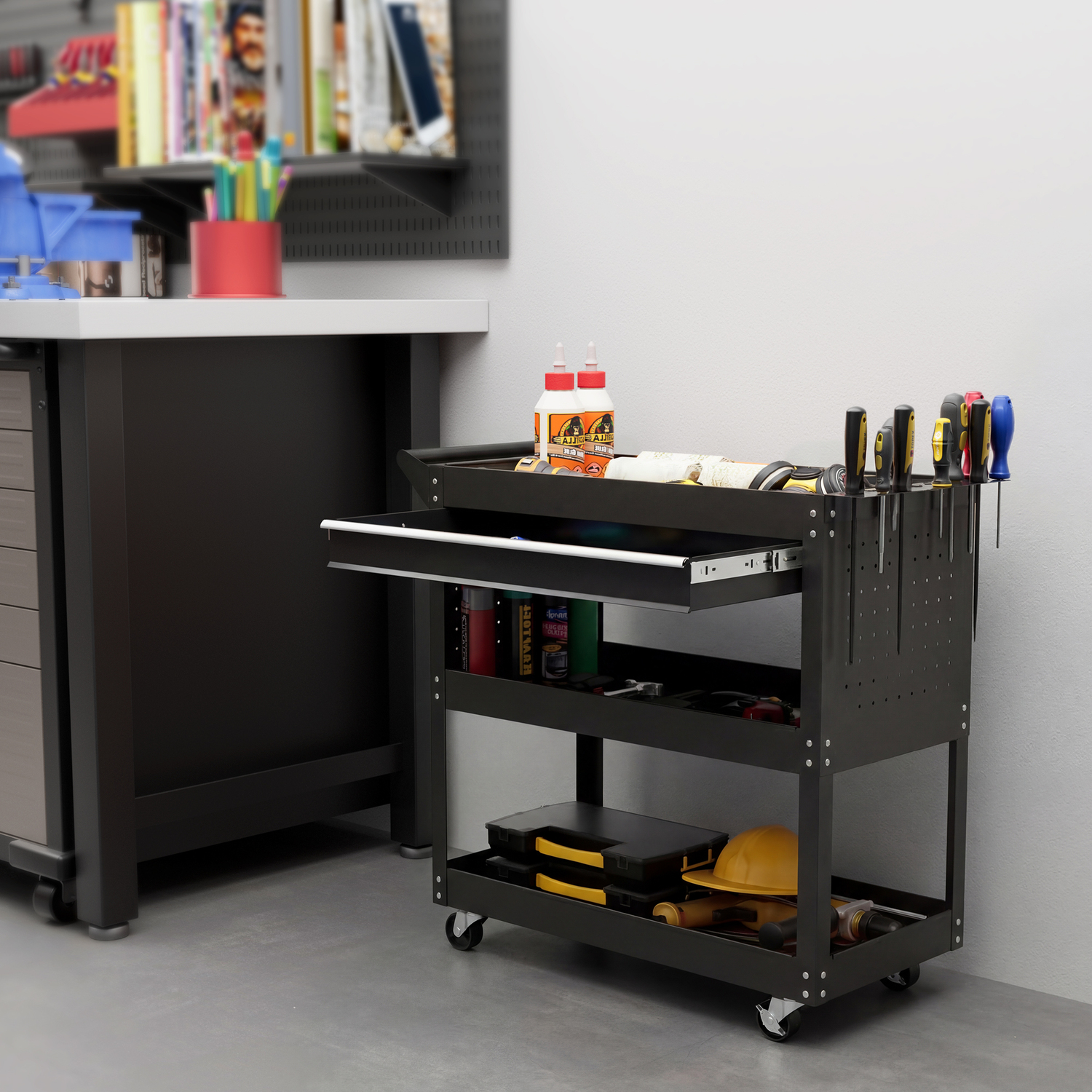 Durhand Unisex Black 3-Tier Tool Trolley Cart Roller Cabinet Garage Workshop With Drawer In Size 3 - Image 3