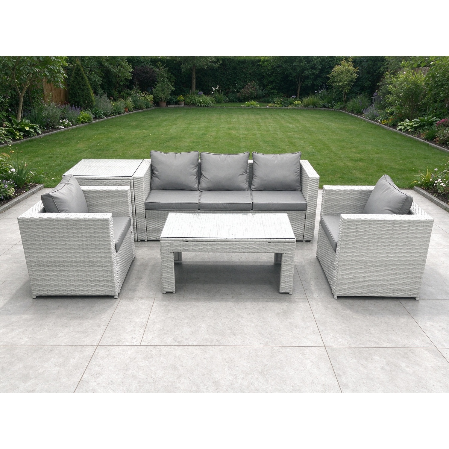 Fimous Light/Grey Rattan Garden Furniture Set 5 Pieces Outdoor Garden Sofa Oblong Coffee Table Set With 2 Chairs Side Tabe Mixed - Image 2