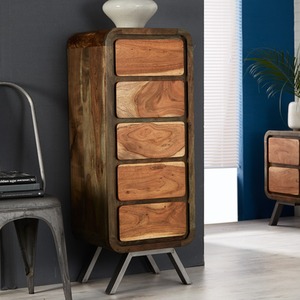 Retro Reclaimed Wood Tallboy Chest of 5 Drawers