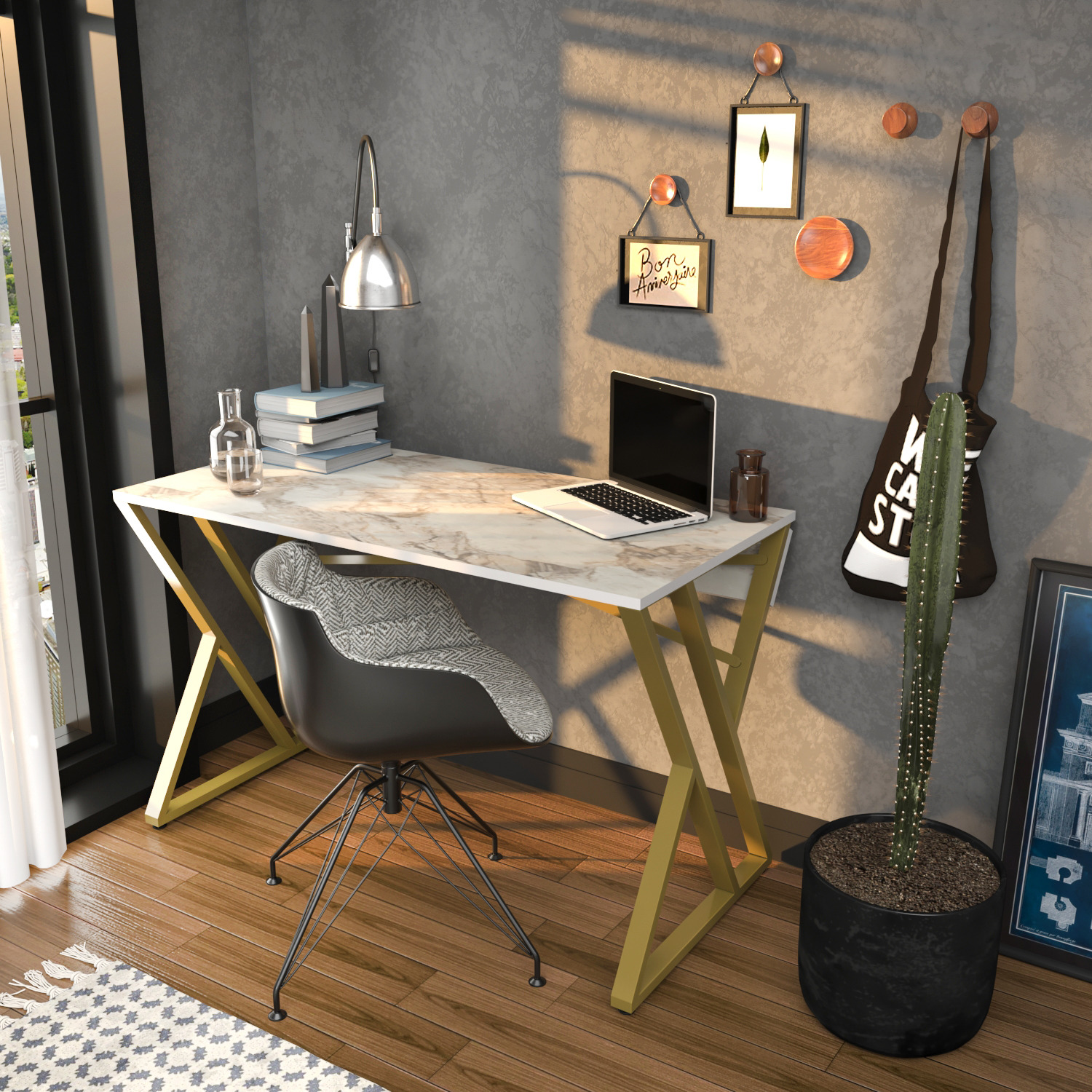 Gyza Computer Desk - White Marble Effect Gold