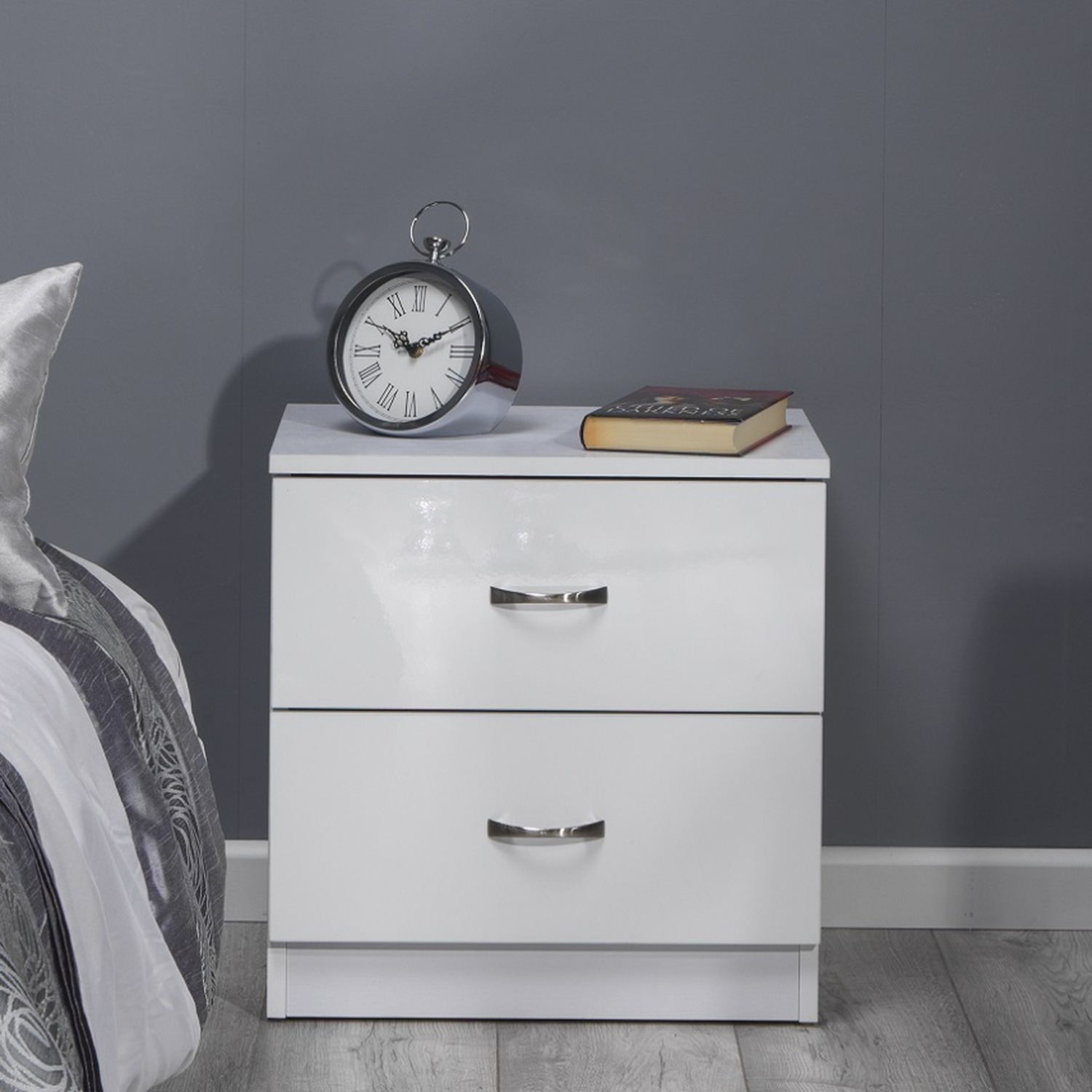 2 Drawer High Gloss Bedside Chest Table - White