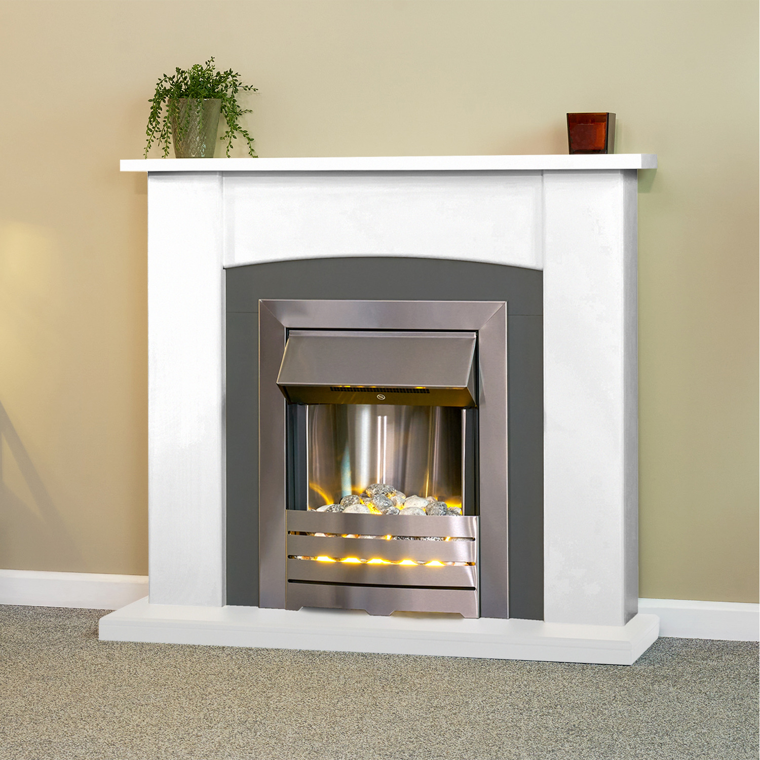 Adam Holden in White and Grey with Helios Electric Fire in Brushed, 39 Inch