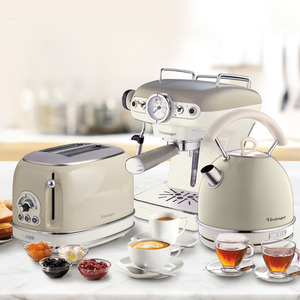 Vintage Cream 1.7L Dome Kettle, 2 Slice Toaster and Espresso Coffee Machine
