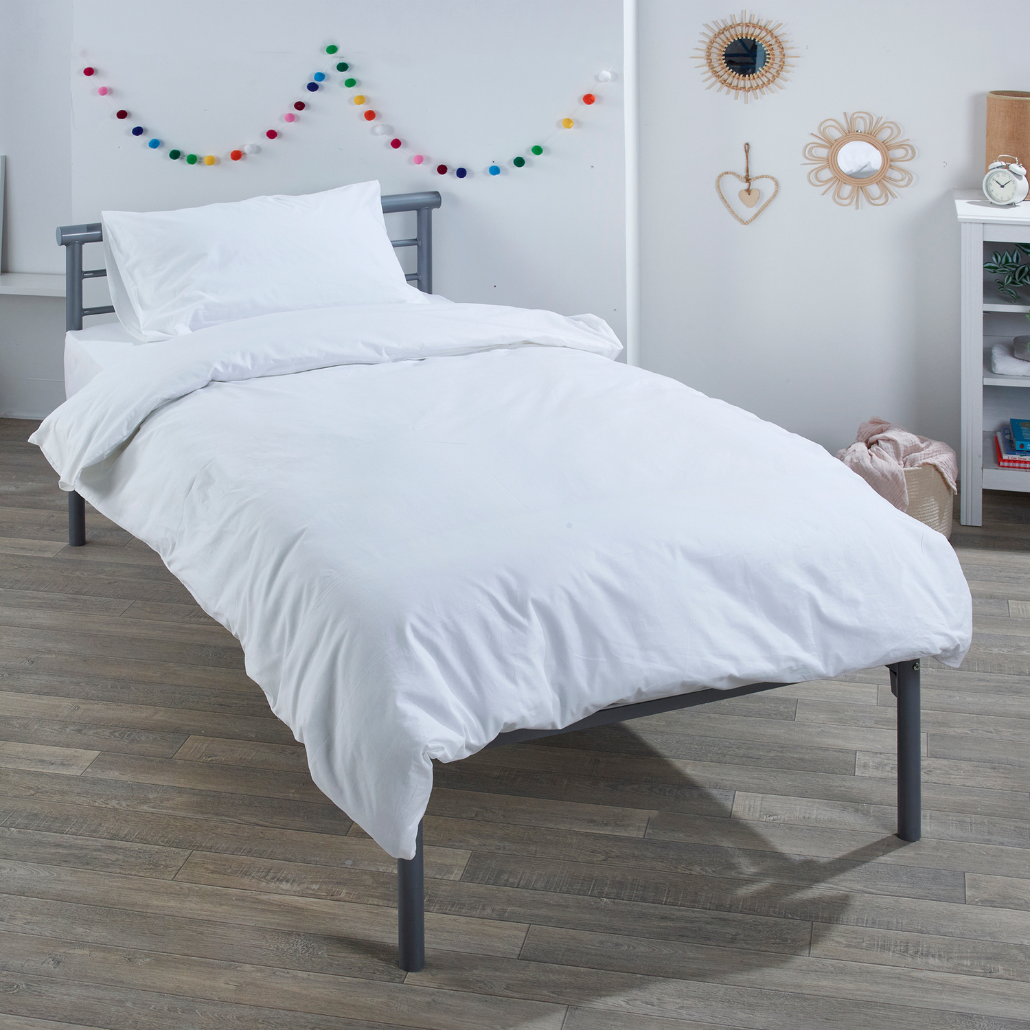 Strong Silver Metal Single Bed With Plain White Bedding Set - Grey
