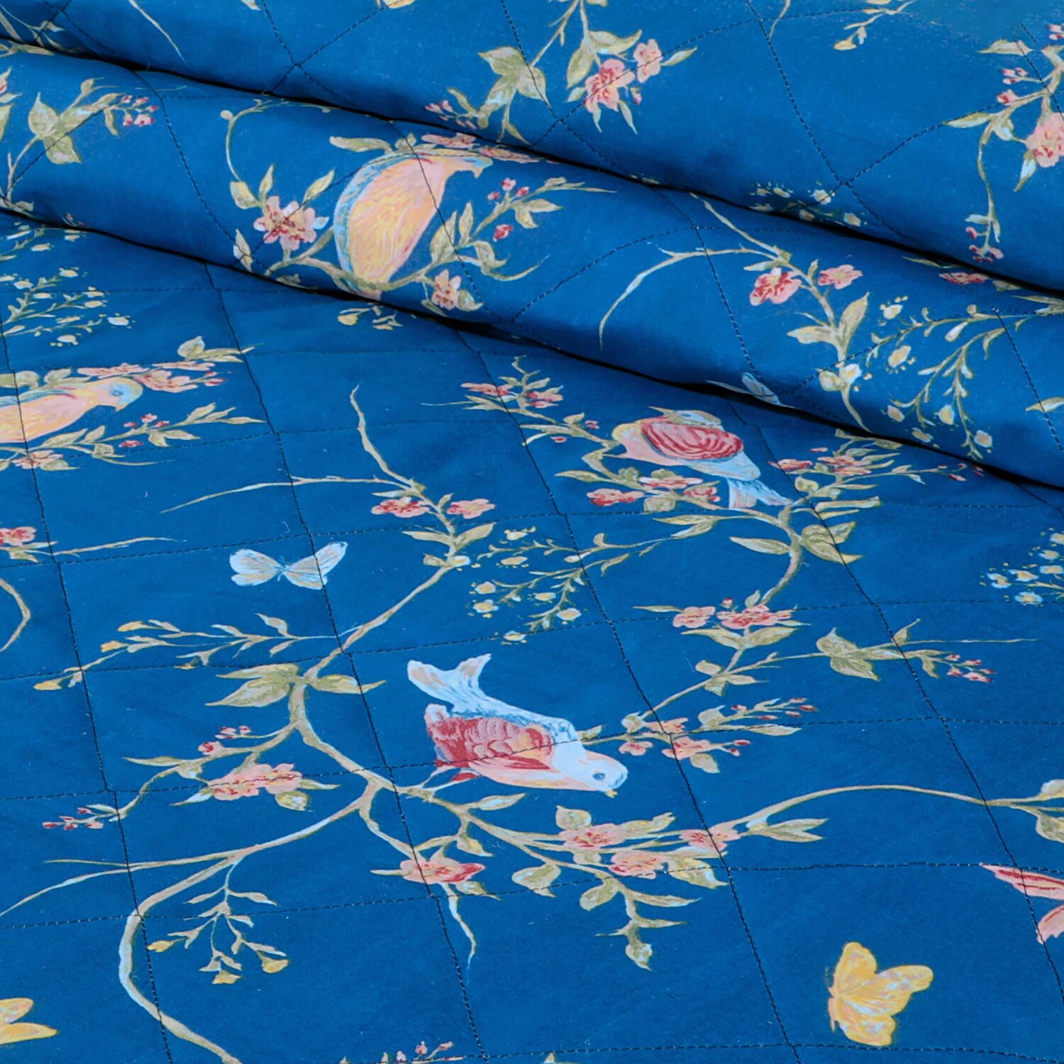 Birds Floral Navy Bedspread Set - Navy Single