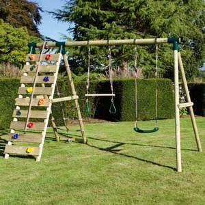 Wooden Double Swing Set with Trapeze Bar and Climbing Wall - Savannah