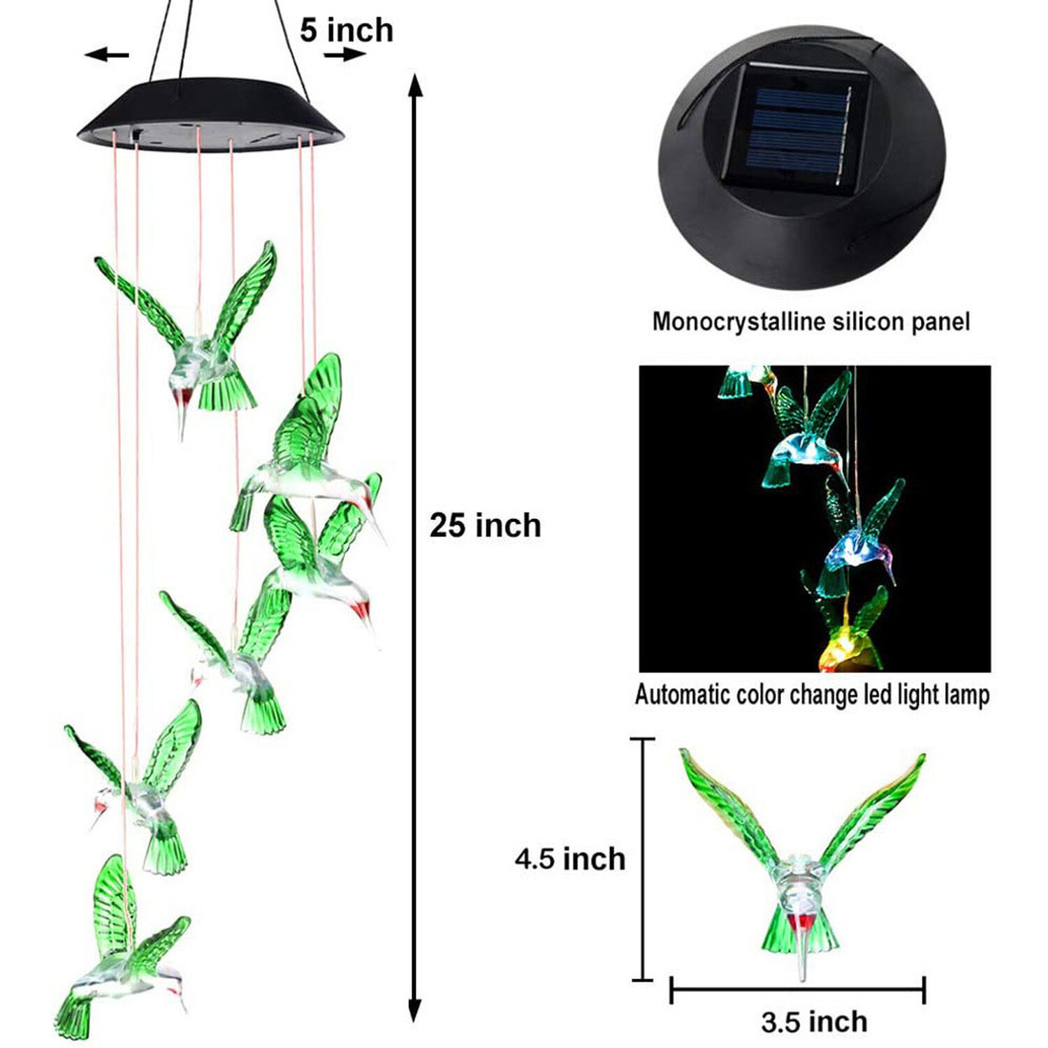 Solar LED Wind Chime With Color-Changing Hummingbird – Waterproof Outdoor Garden Light