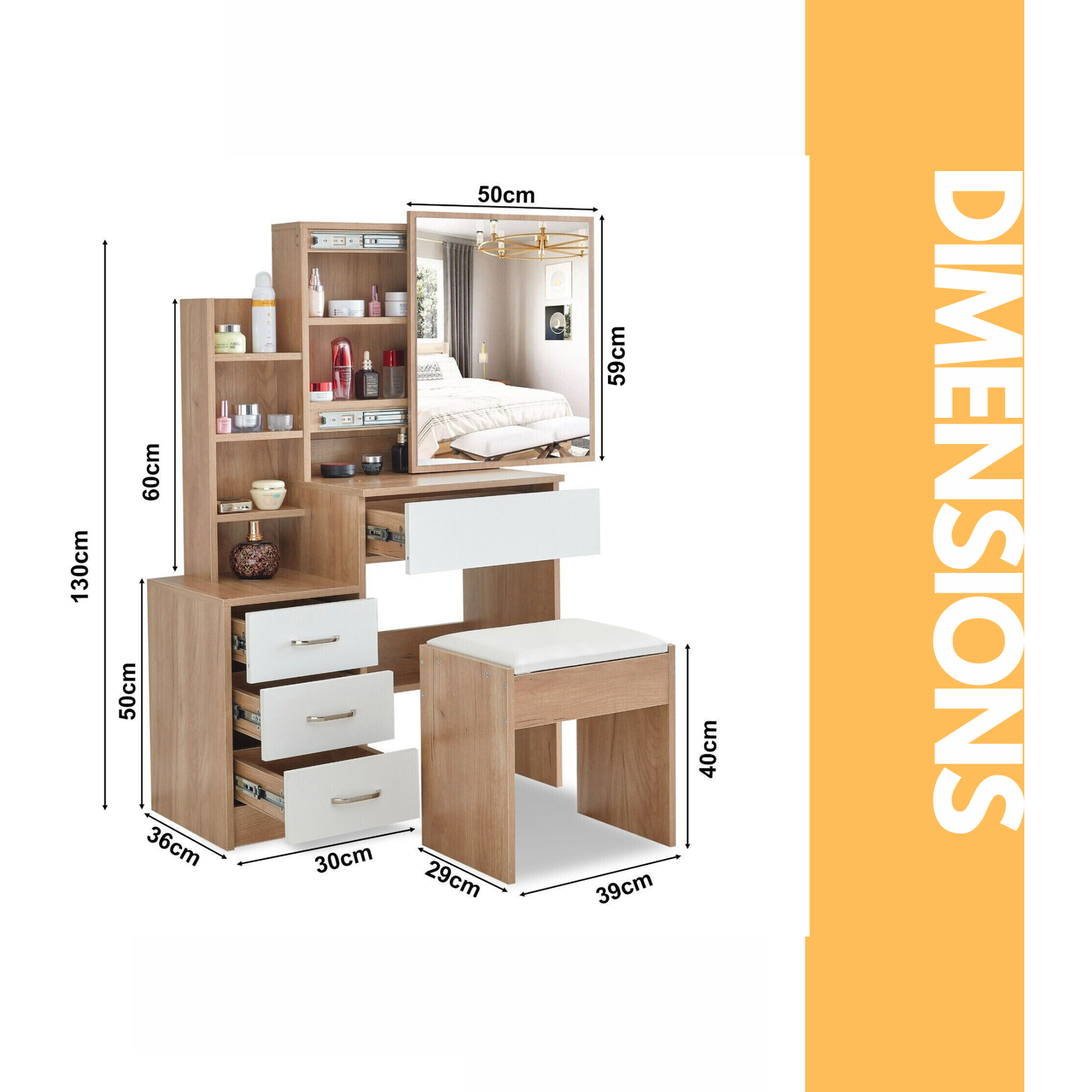 4 Drawer Dressing Table With Mirror And Stool - Brown