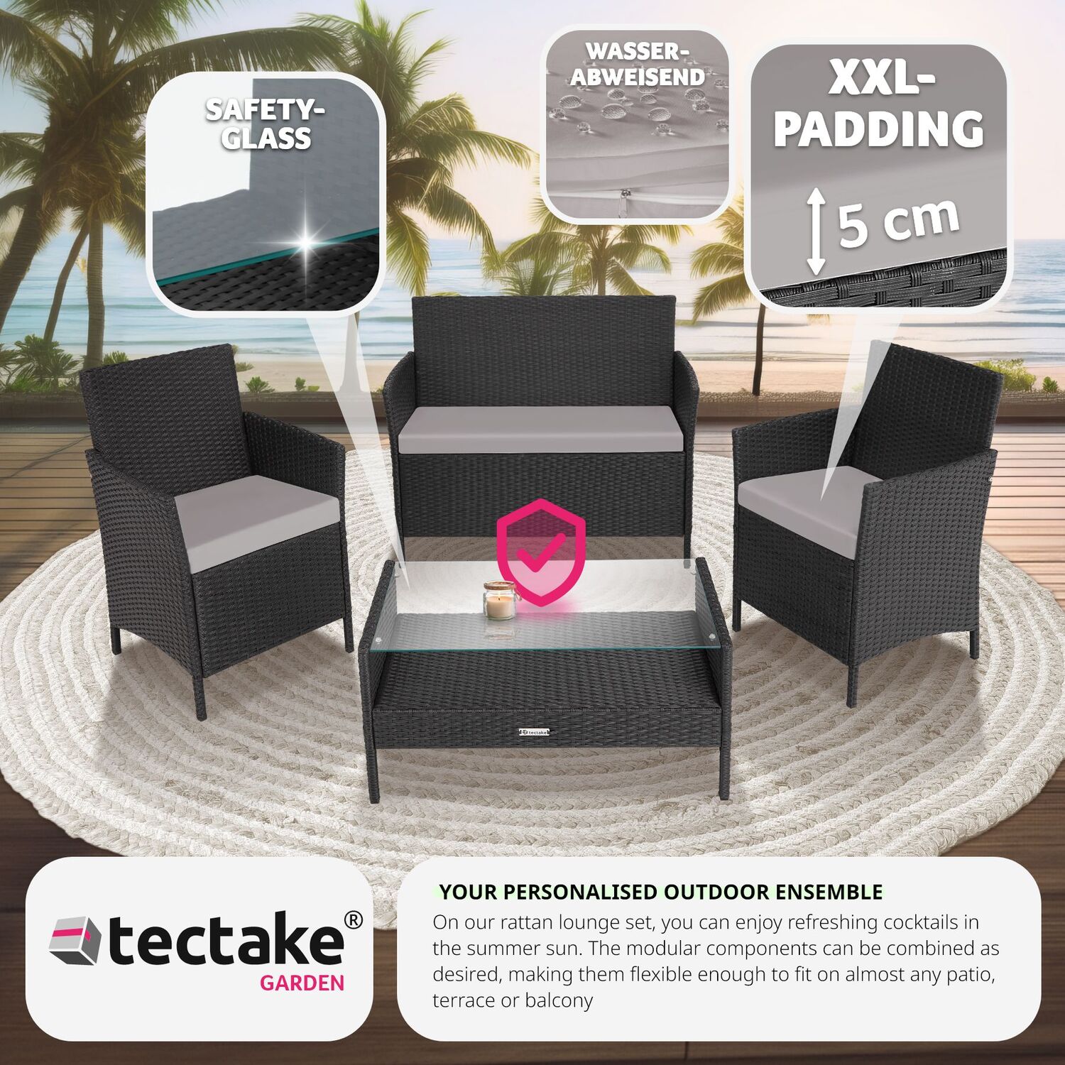 Garden Furniture Set Madeira - Sofa 2 Armchairs Coffee Table - Black Grey