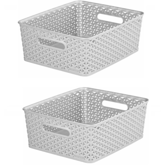 Grey 13L Curver Nestable Plastic Rattan Storage Basket 35.5 x 29.5cm