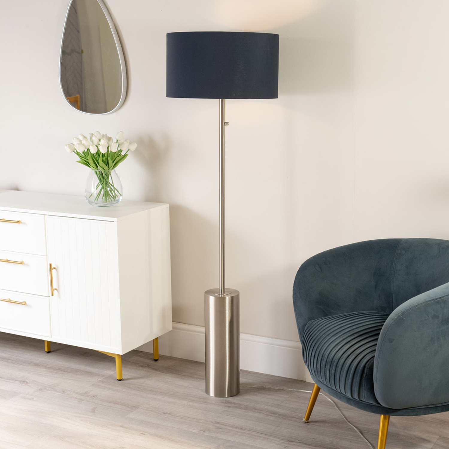 Lexy Brushed Chrome Dimmable Floor Lamp with Drum Shade and LED Bulb - Navy