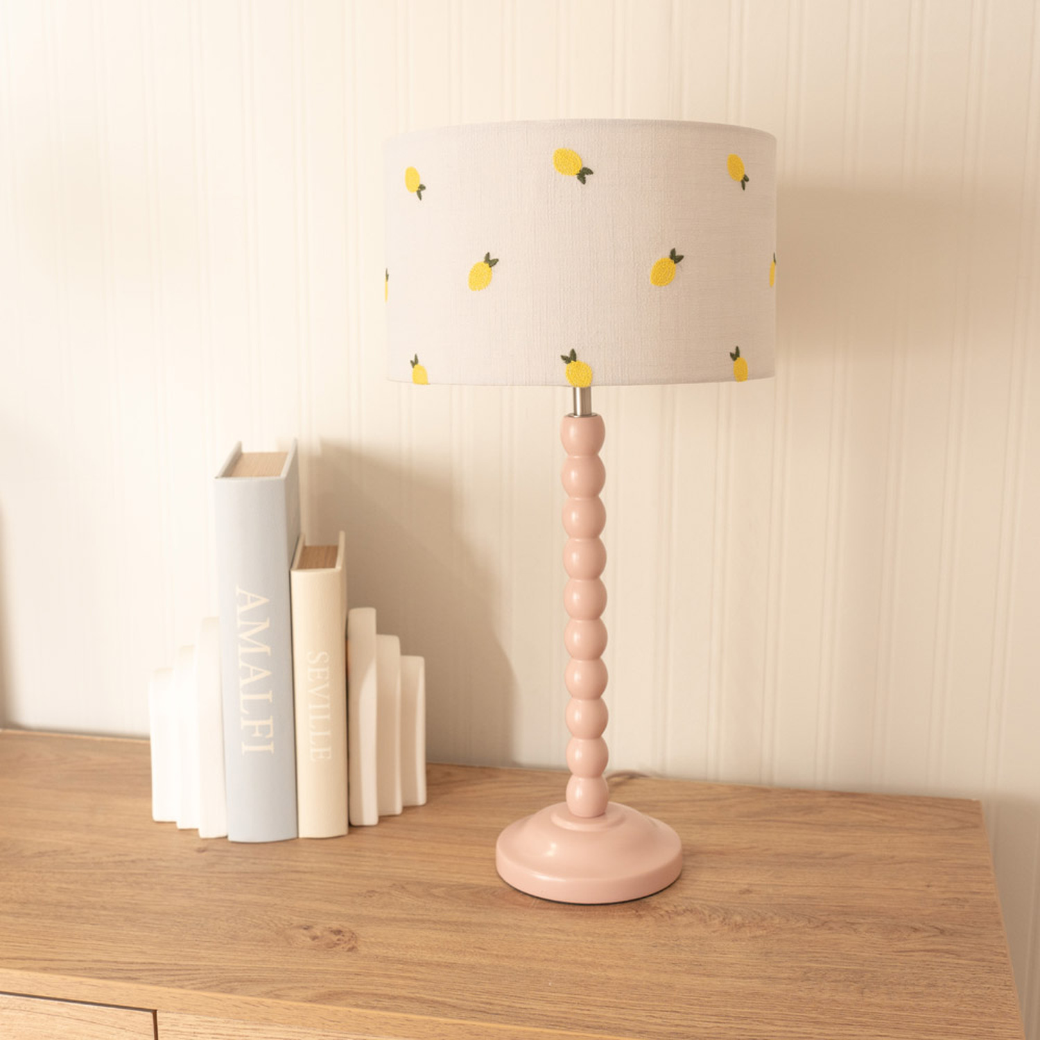 Bobbins Table Lamp With Lemon Embroidered Drum Shade - Rose Pink Bulb Included