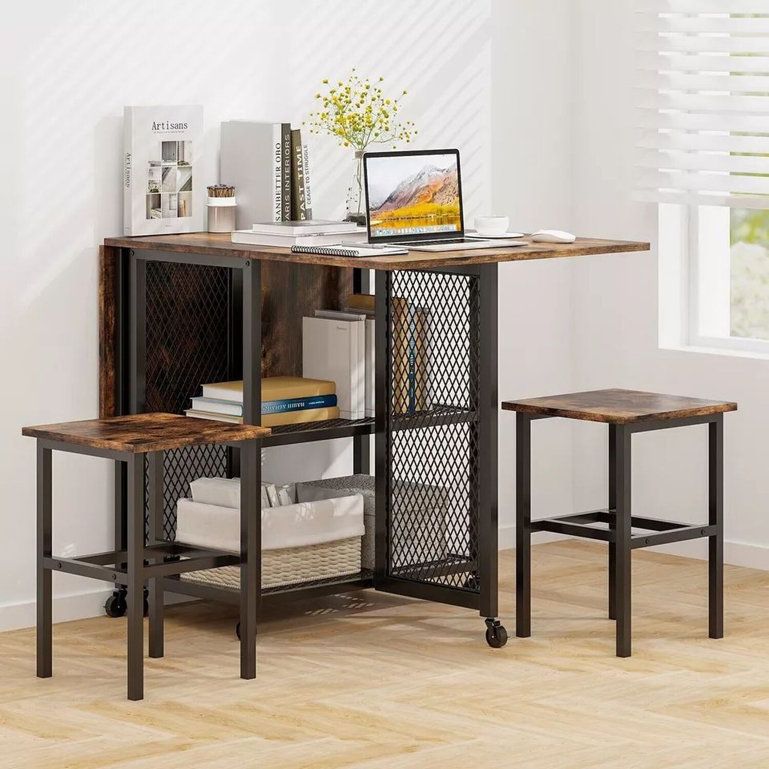 3 Piece Foldable Dining Table Set - Natural And Black