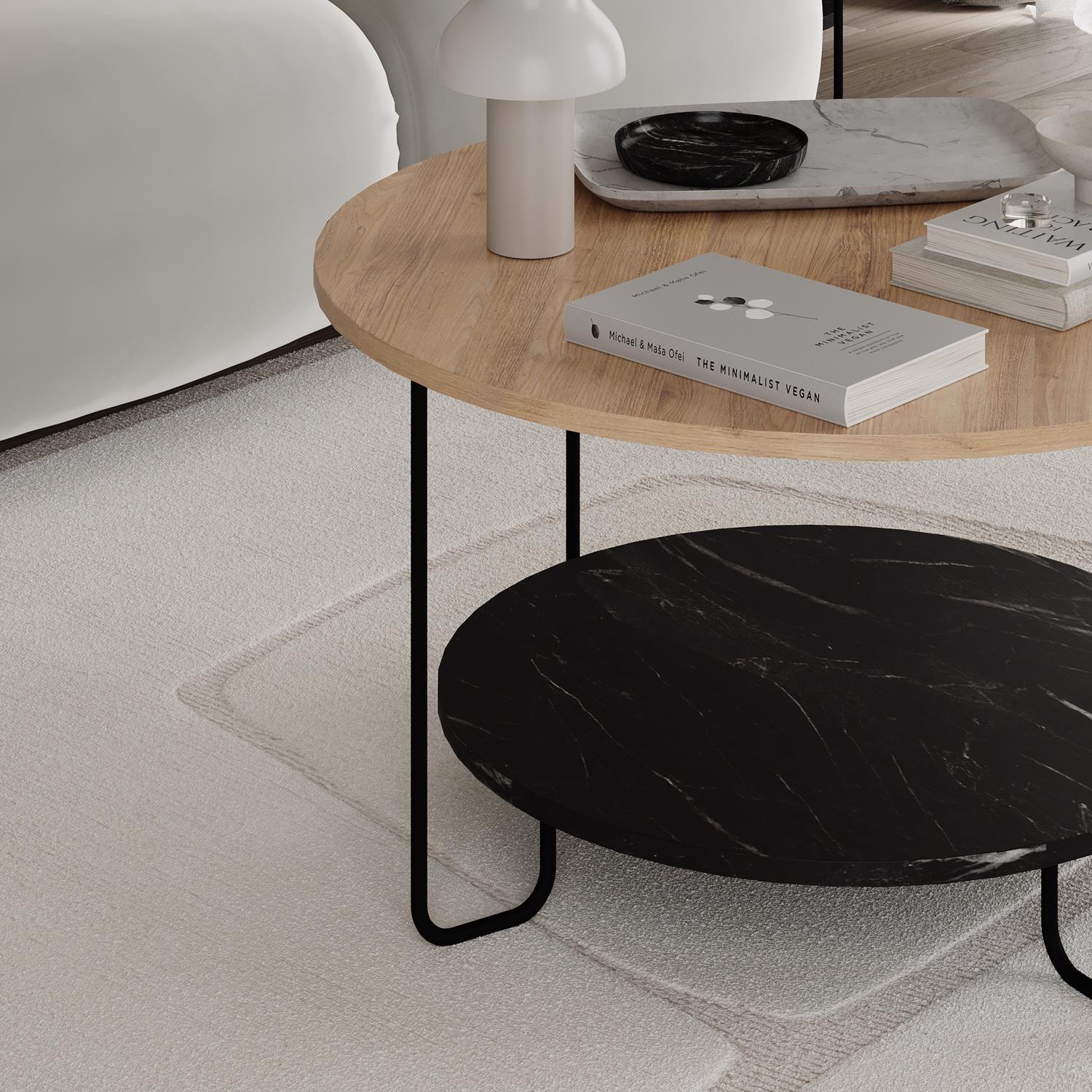 Fwstyle 2 Tier Round Modern Coffee Table Scratch Resistant - Marble Oak