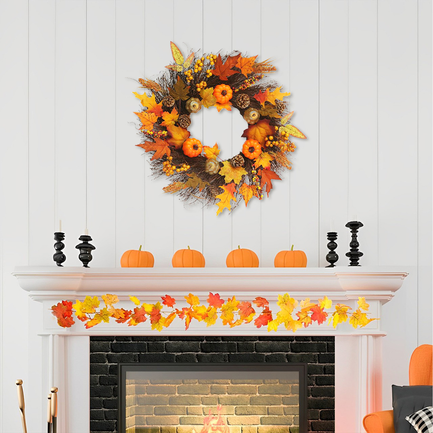 Lifeideas Halloween Autumn Wreath With Led String - Orange