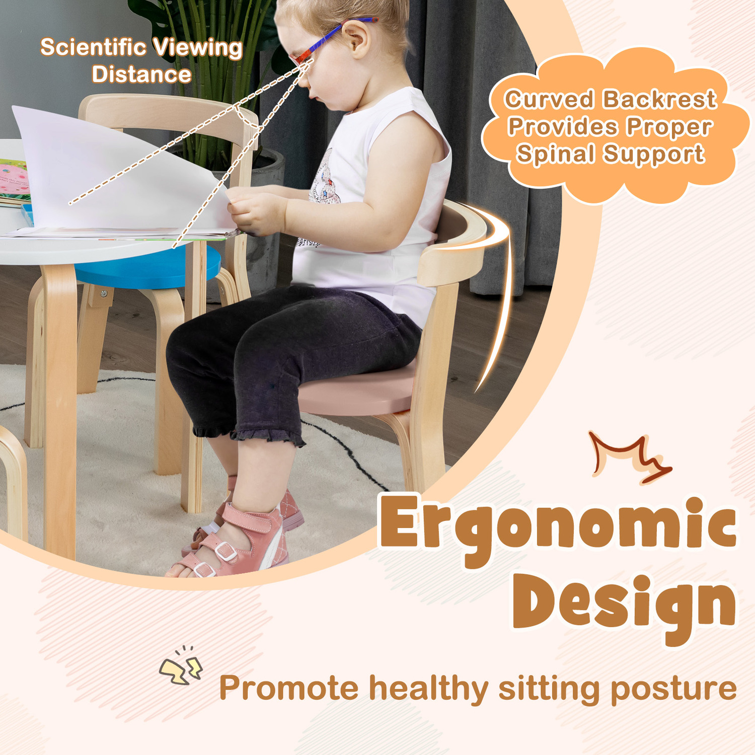 5 Pieces Kids Curved Back Table Chair Set - Natural