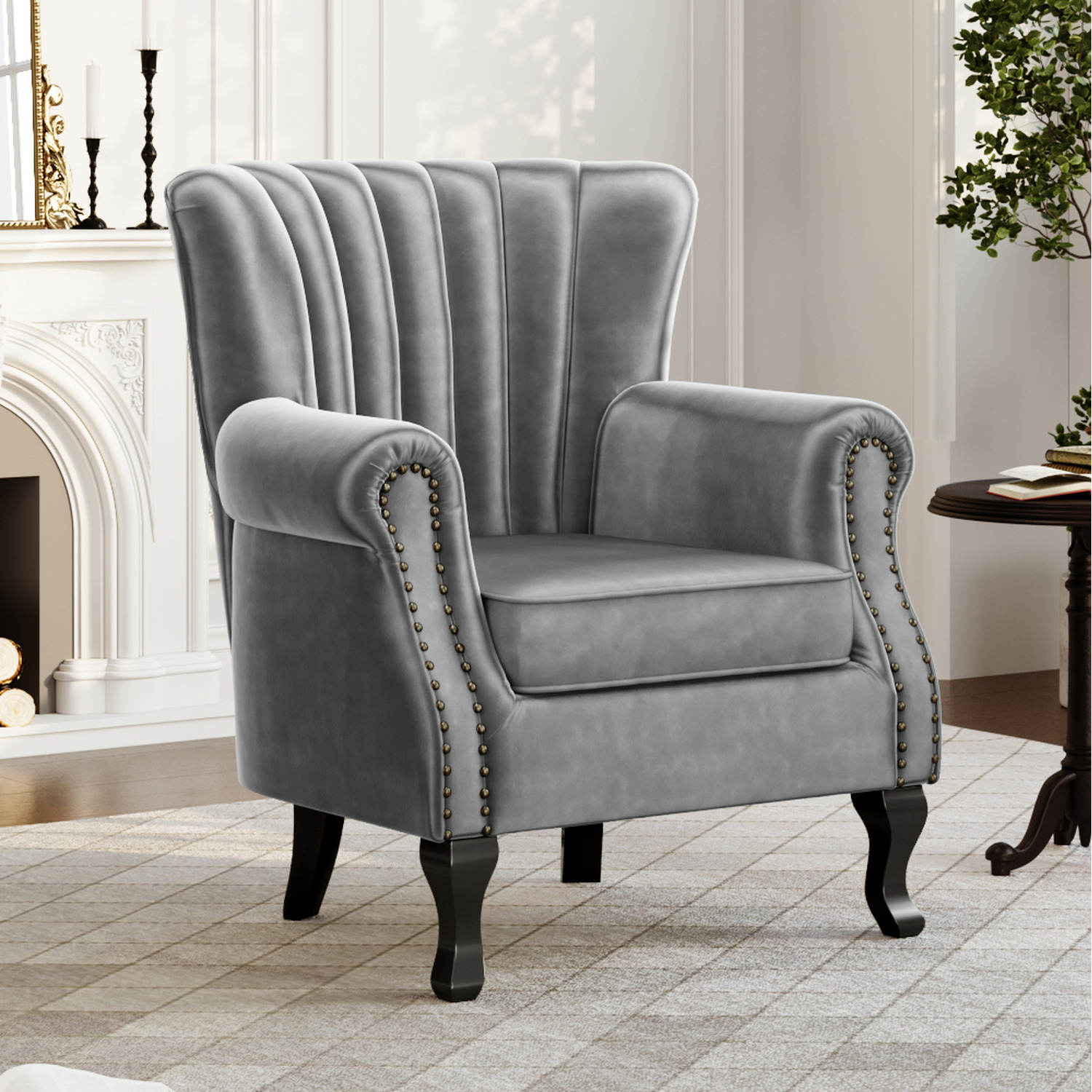 Velvet Armchair With Wingback And Studs Details - Grey