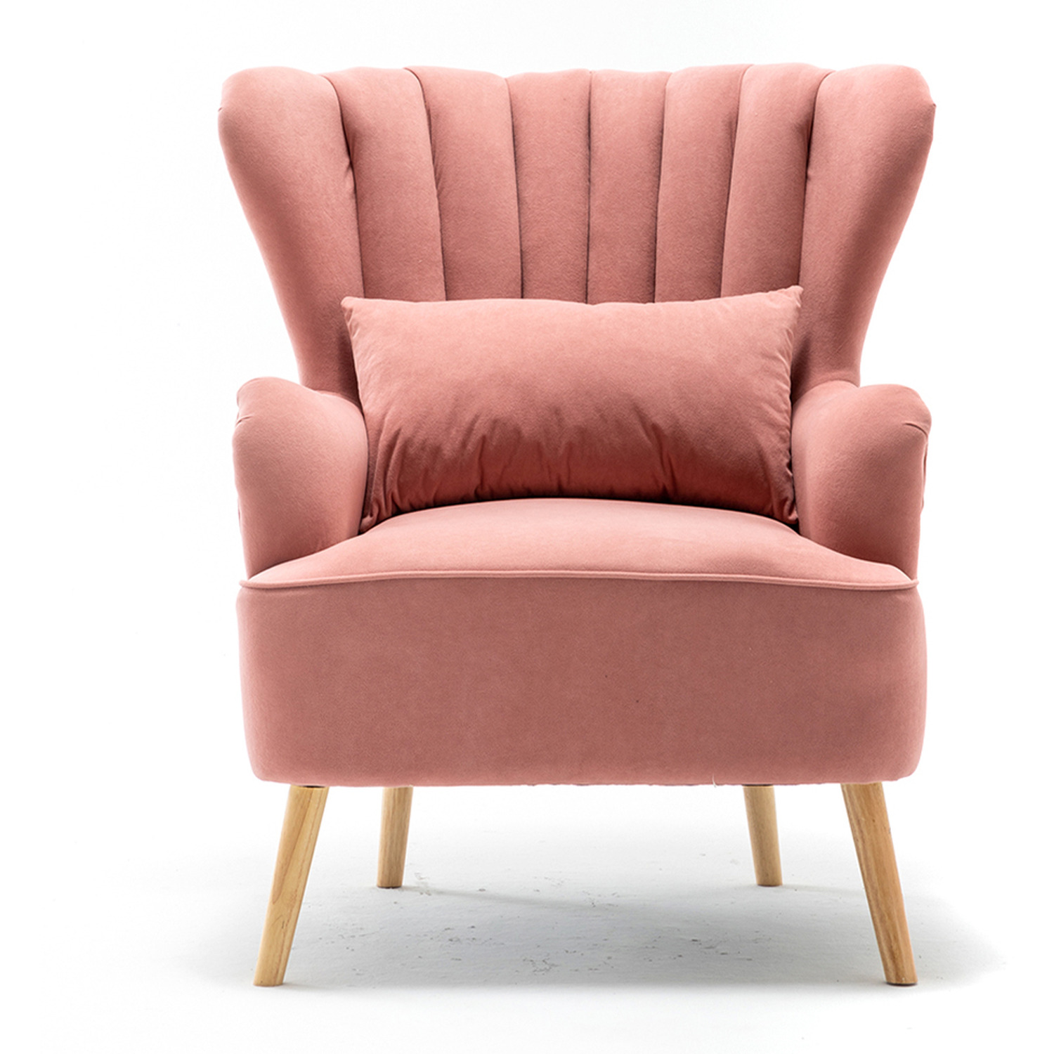 Curved Back Single Armchair With Lumbar Pillow And Footstool - Pink