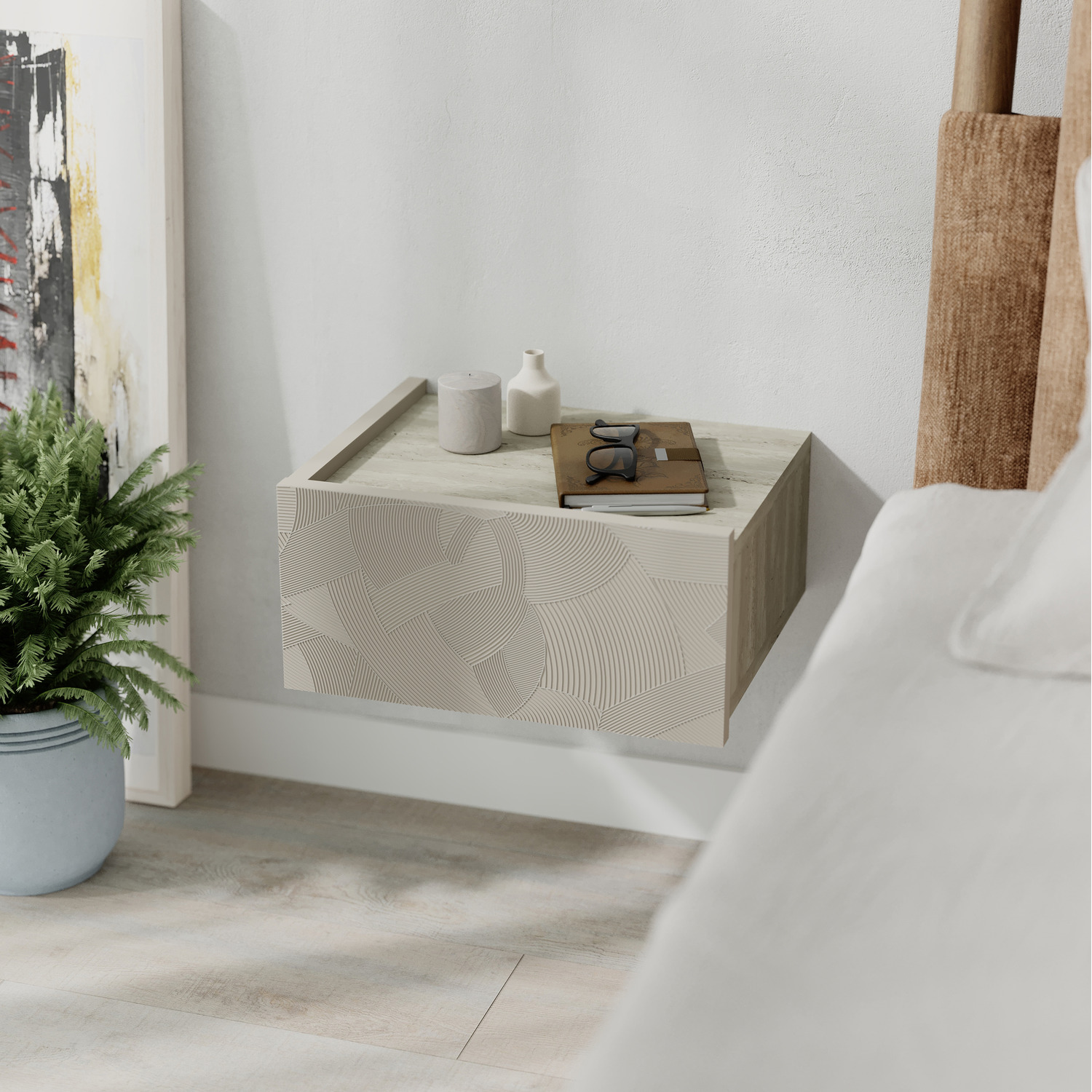Wall Bedside Table with Drawer Handleless Nightstand - Sandstone, Travertine