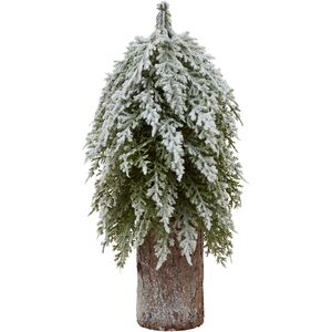 Snowy Fir Tree On Wood Log Winter Decor