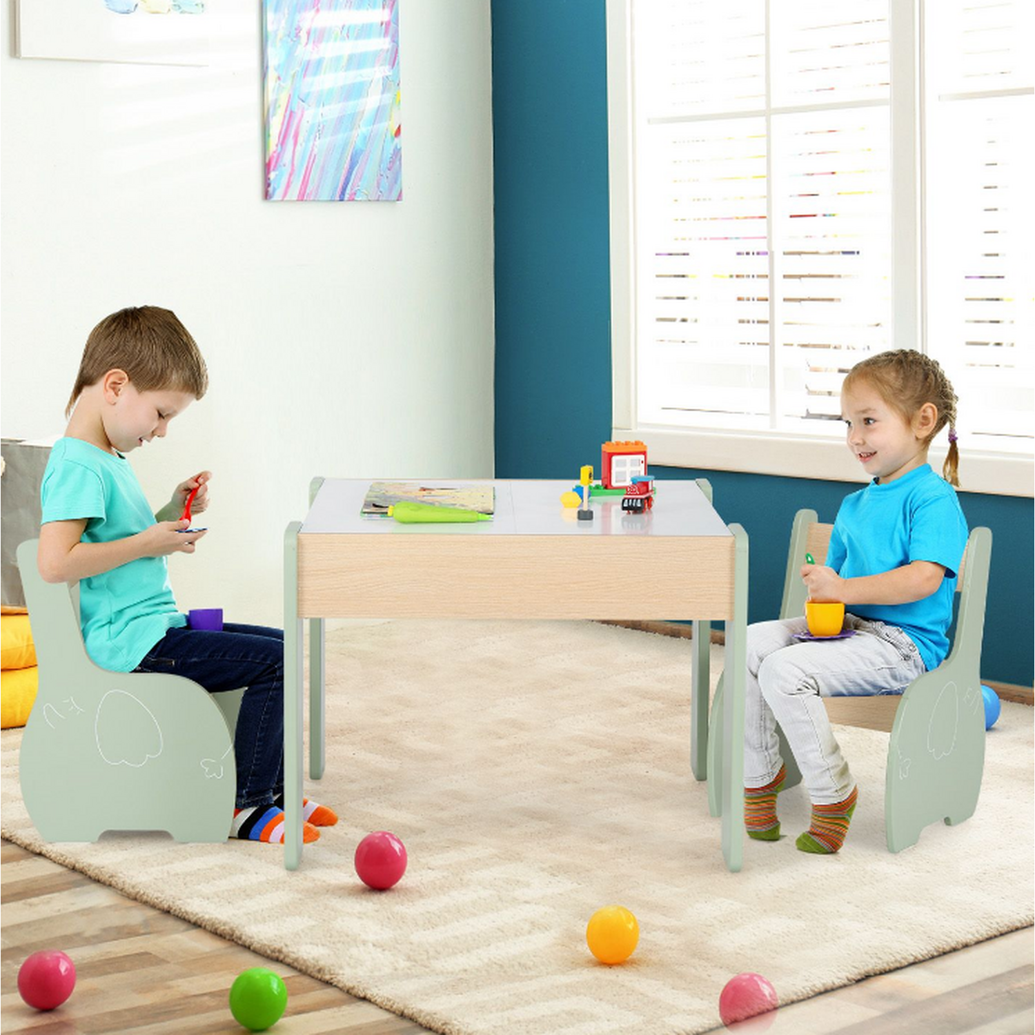 Kids Table And Chair Set With Hidden Storage - Green