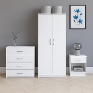 White Wooden Bedroom Furniture Set 3 Pc Wardrobe 4 Drawers Bedside Table