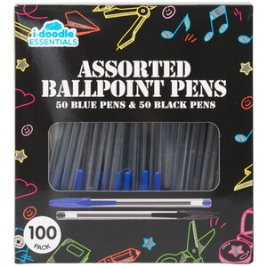 Pack of 100 Blue and Black Ballpoint Pens