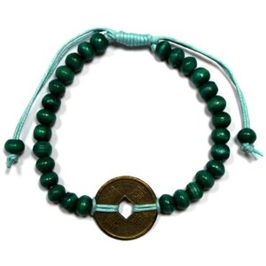 Green Feng Shui Luck Bracelets with Coins  Wood Beads for Prosperity