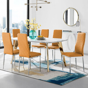 Andria Gold Leg Marble Effect Dining Table and 6 Milan Chairs