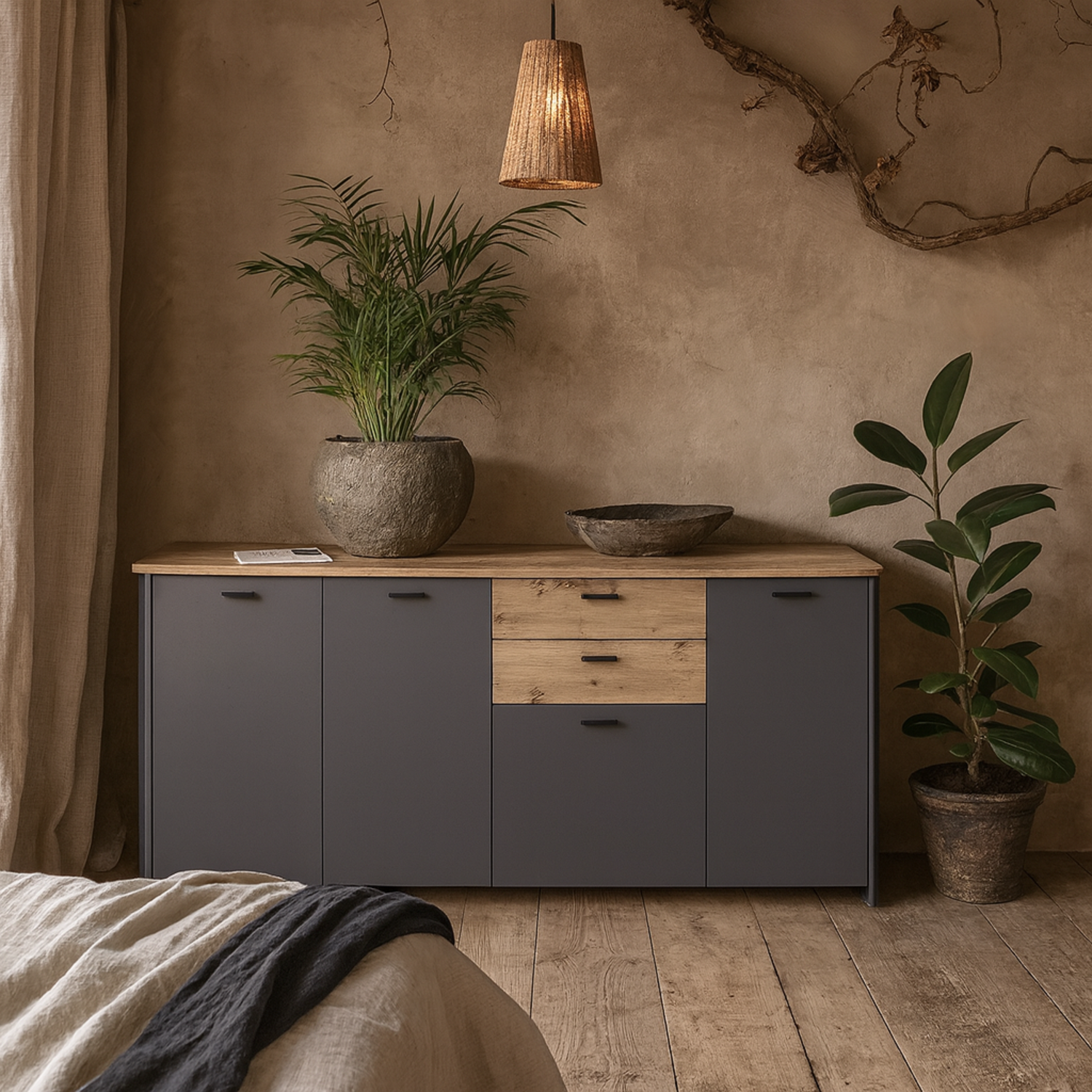 Seville Wide Sideboard - Grey and Natural Oak Effect, 4 Doors 2 Drawers - Natural and Grey
