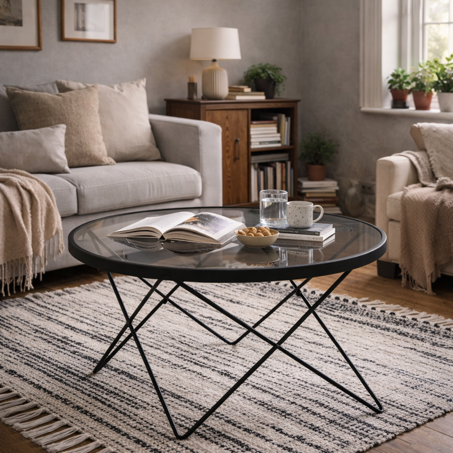 Klovborg Round Coffee Table - Black Wire Base Grey Smoked Tempered Glass Top - Grey