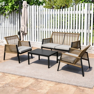 4 Pieces Outdoor Patio Conversation Set Rattan Garden Furniture Set w Cushion
