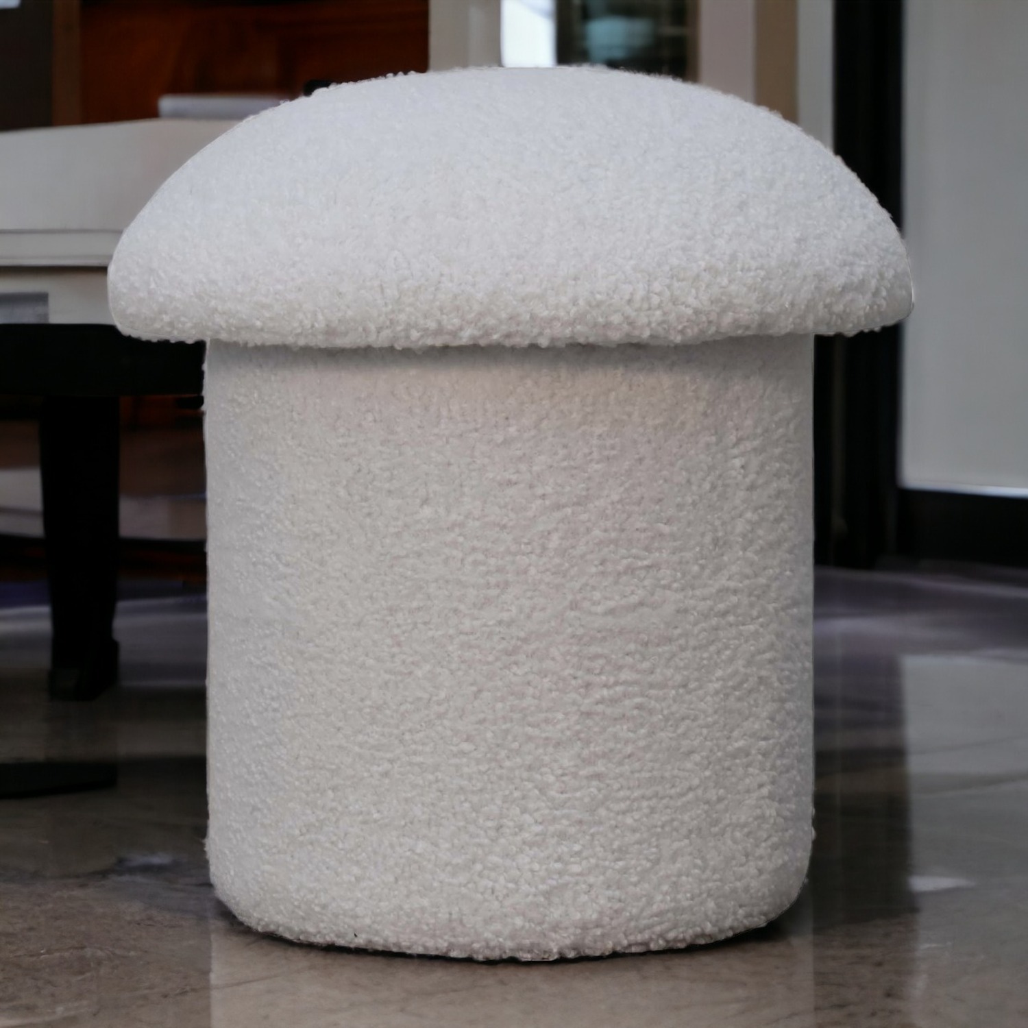 Solid Wood White Boucle Mushroom Footstool - Brwn