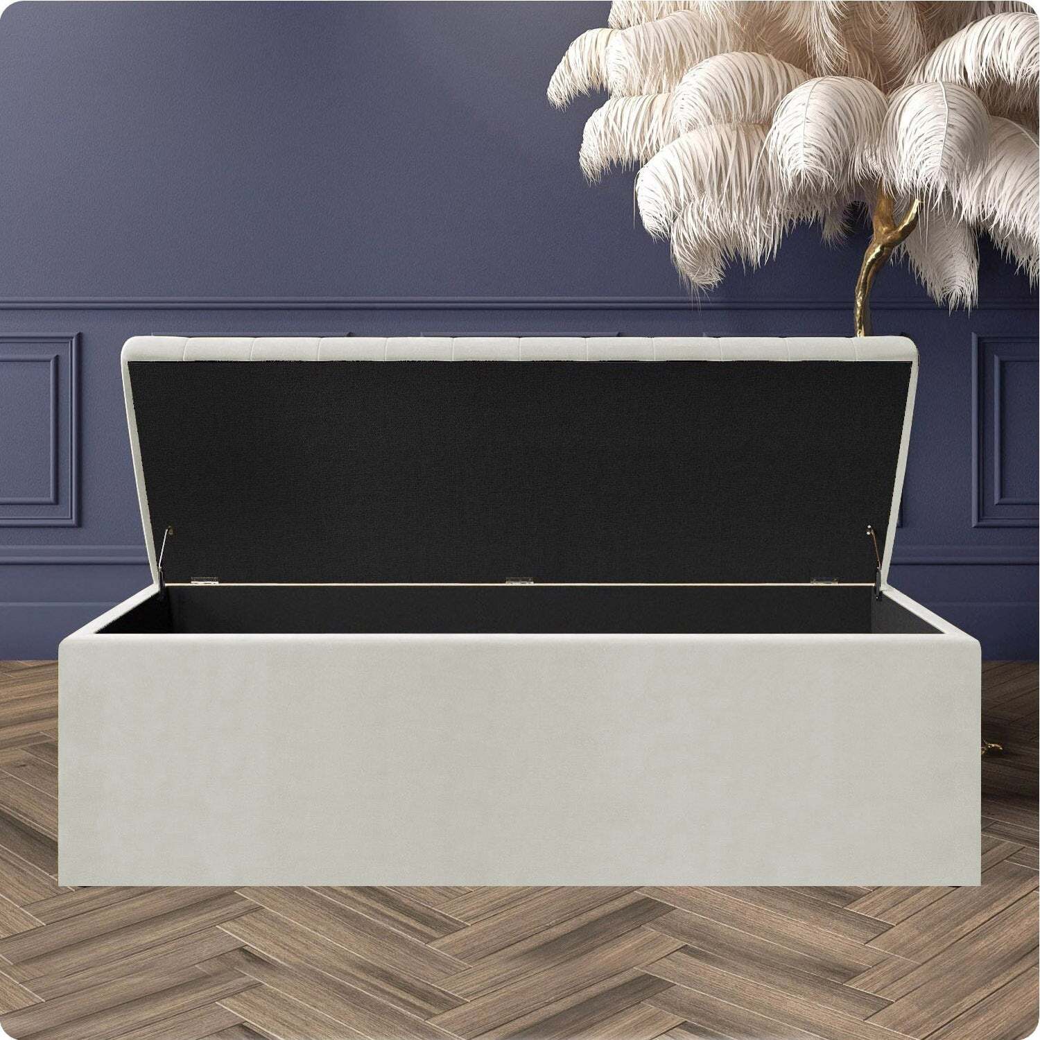 R&M Furnishers Plush Velvet Striped Upholstered Blanket Chest, End Of Bed Benc - Cream Plush Velvet