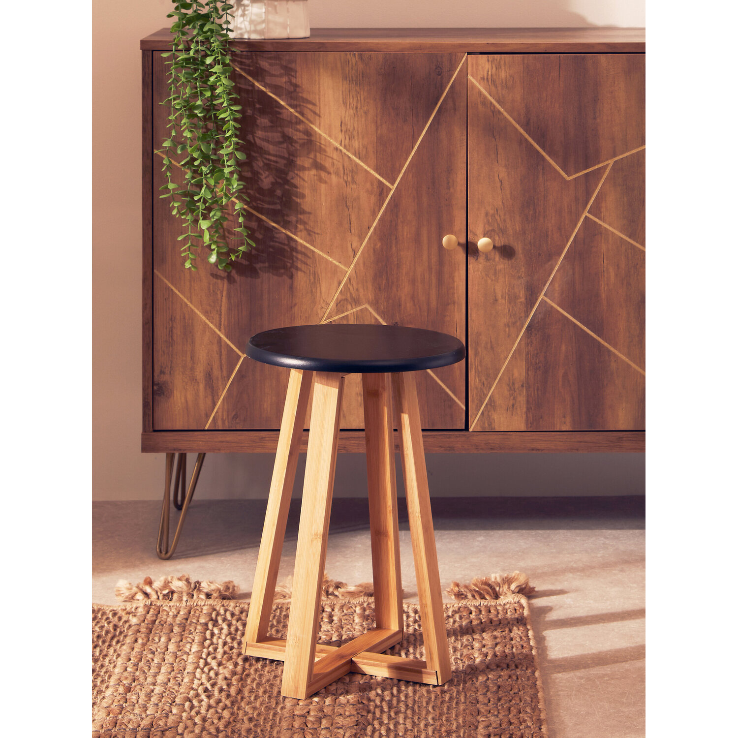 Viborg Black and Natural Bamboo Round Stool - Black