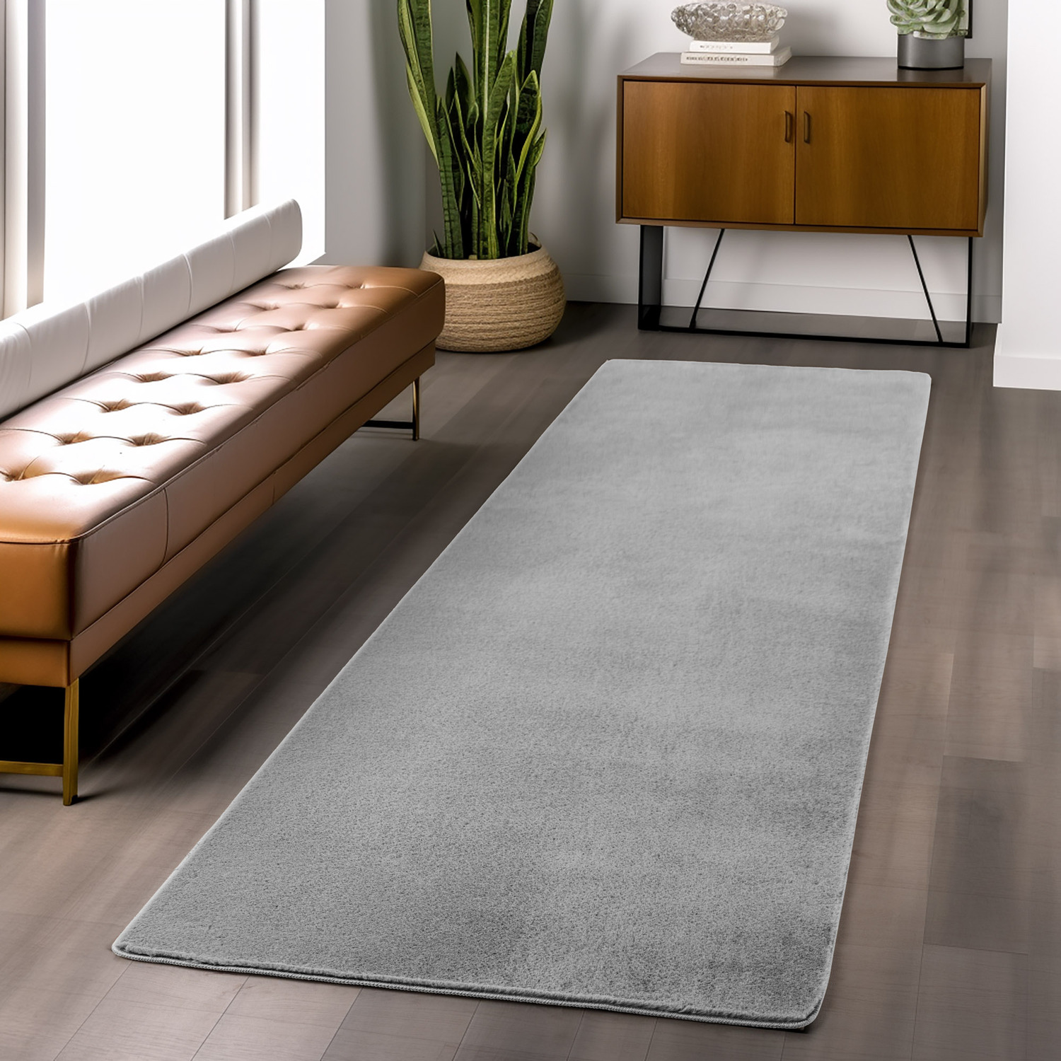 Snuggly Washable Low Pile Living Room Area Rug - Anti-Slip Felt Backing - Grey / 200cm / 60cm
