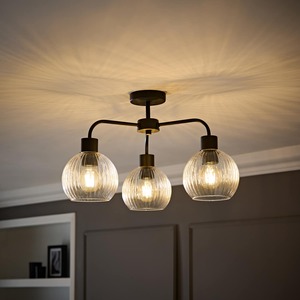 Maddison Clear Ribbed Glass Globe Shades 3 Arm Ceiling Light