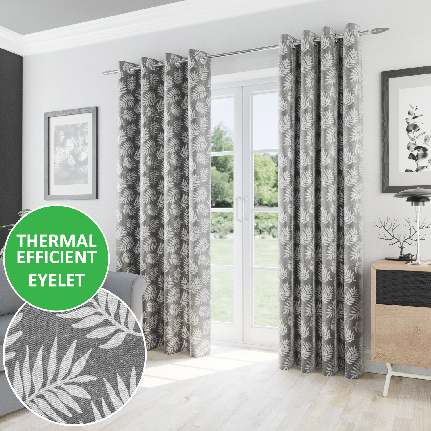 Oakland Thermal Eyelet Curtains with Floral Pattern - Grey / 117cm / 137cm
