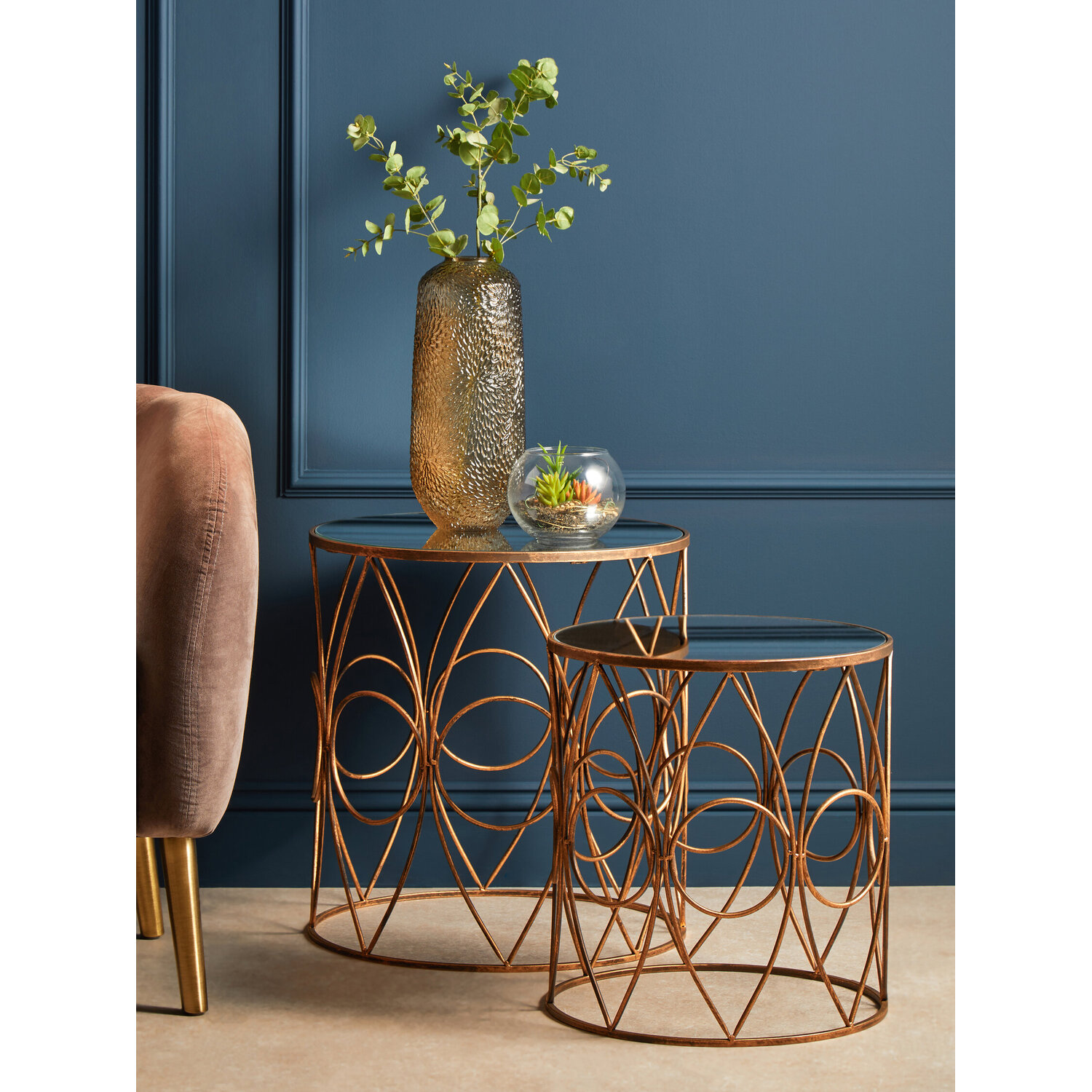 Avantis Set Of Two Antique Finish Frame Round Side Tables - Gold