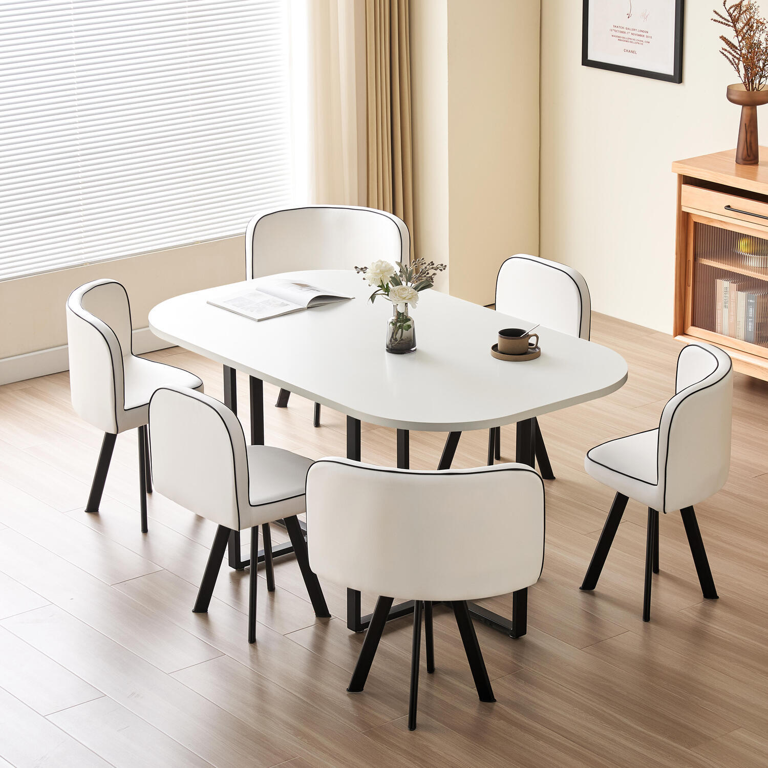 150cm White Square Dining Table With 6 Chairs - White Metal Melamine
