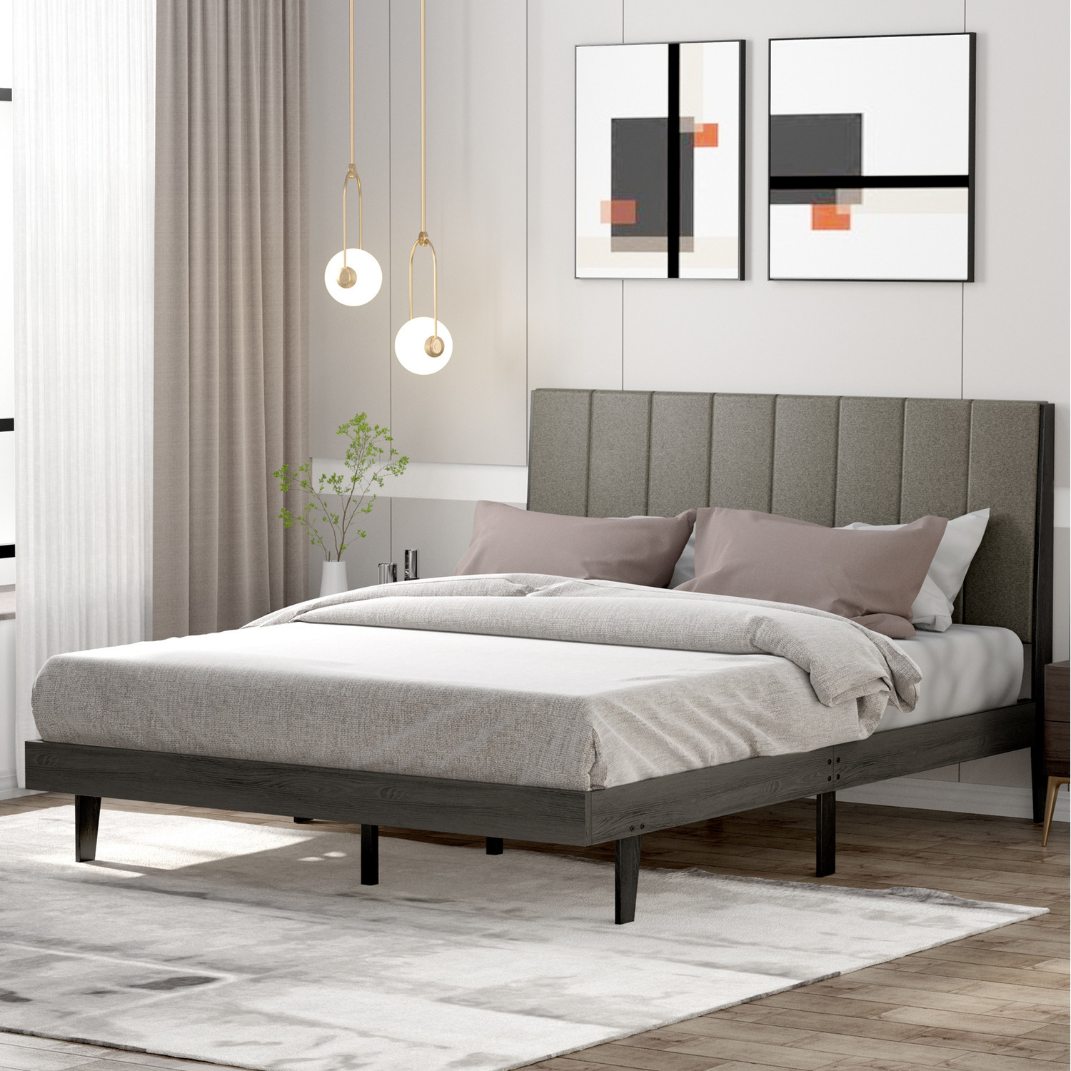 Upholstered Bed Frame Mattress Foundation - Grey