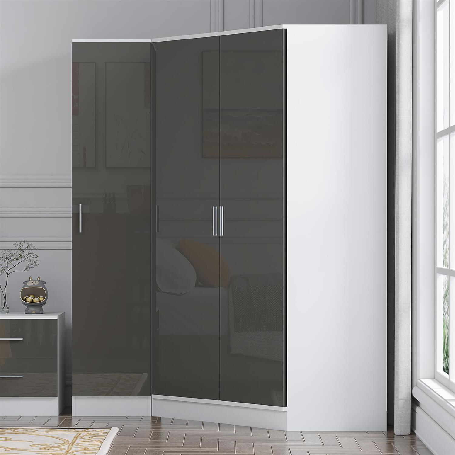 REFLECT Corner + 1 Door Wardrobes - Grey Gloss / White Matt Finish - Image 6