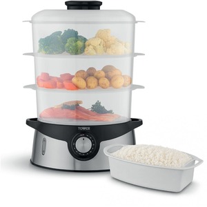9L Three Tier Food Steamer 800W Black with SS Trim