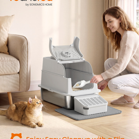 Feandrea Stainless Steel Cat Litter Box with Flip Lid